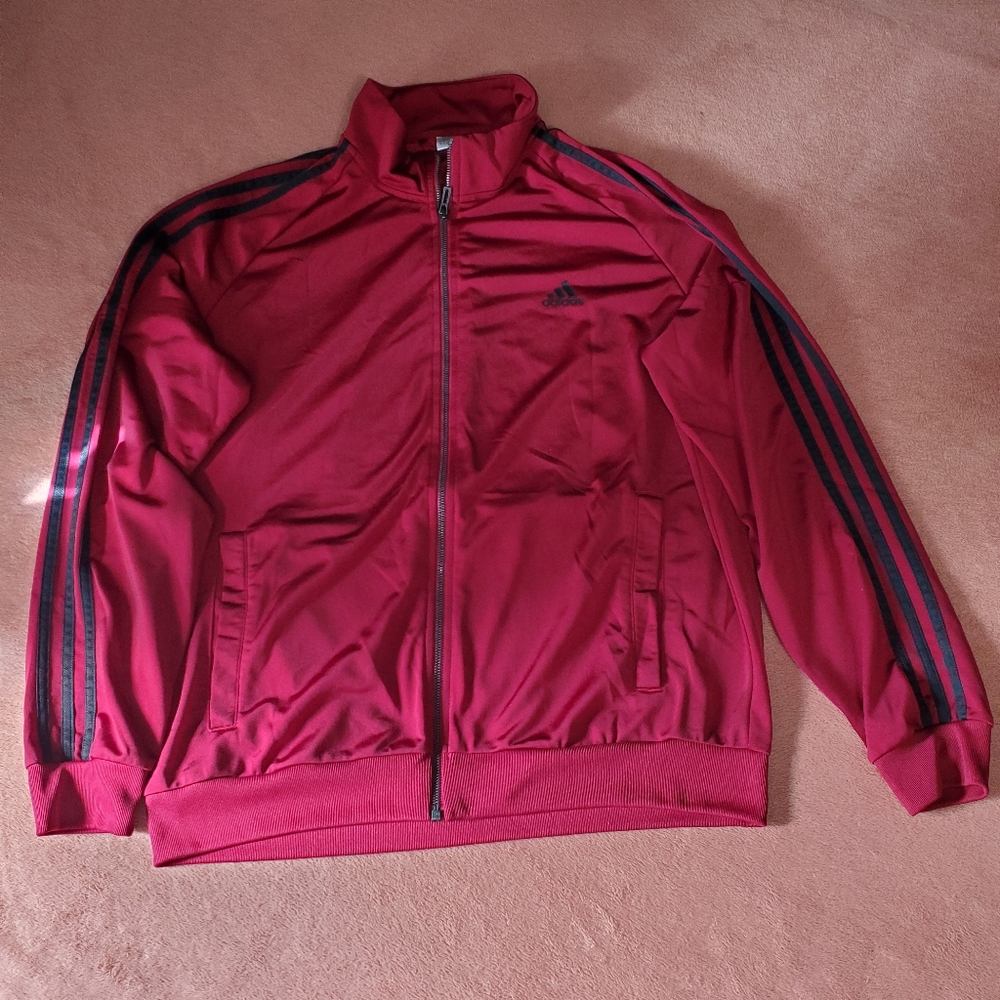 Mens XL Adidas Zip Up Gym Jacket Classic Burgundry Black Striped Athletic Warm